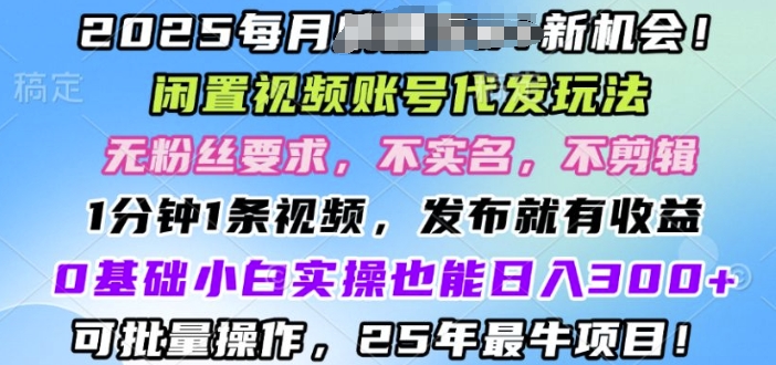 2025闲置视频账号一键代发玩法，0粉不实名不剪辑，领了视频直接发，0基础小白也能日入3张